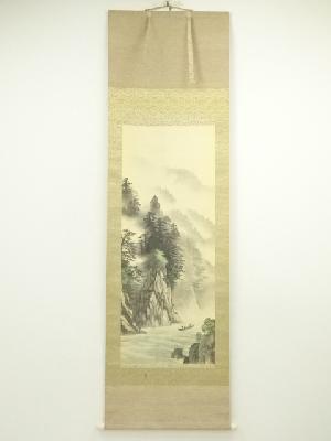 六泉筆　彩色山水　肉筆絹本掛軸（共箱）